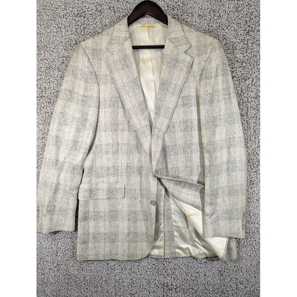 Vtg Gordon Thomas Mens Blazer White/Black 100% Silk Sz L (42) Pit-T-Pit 21
